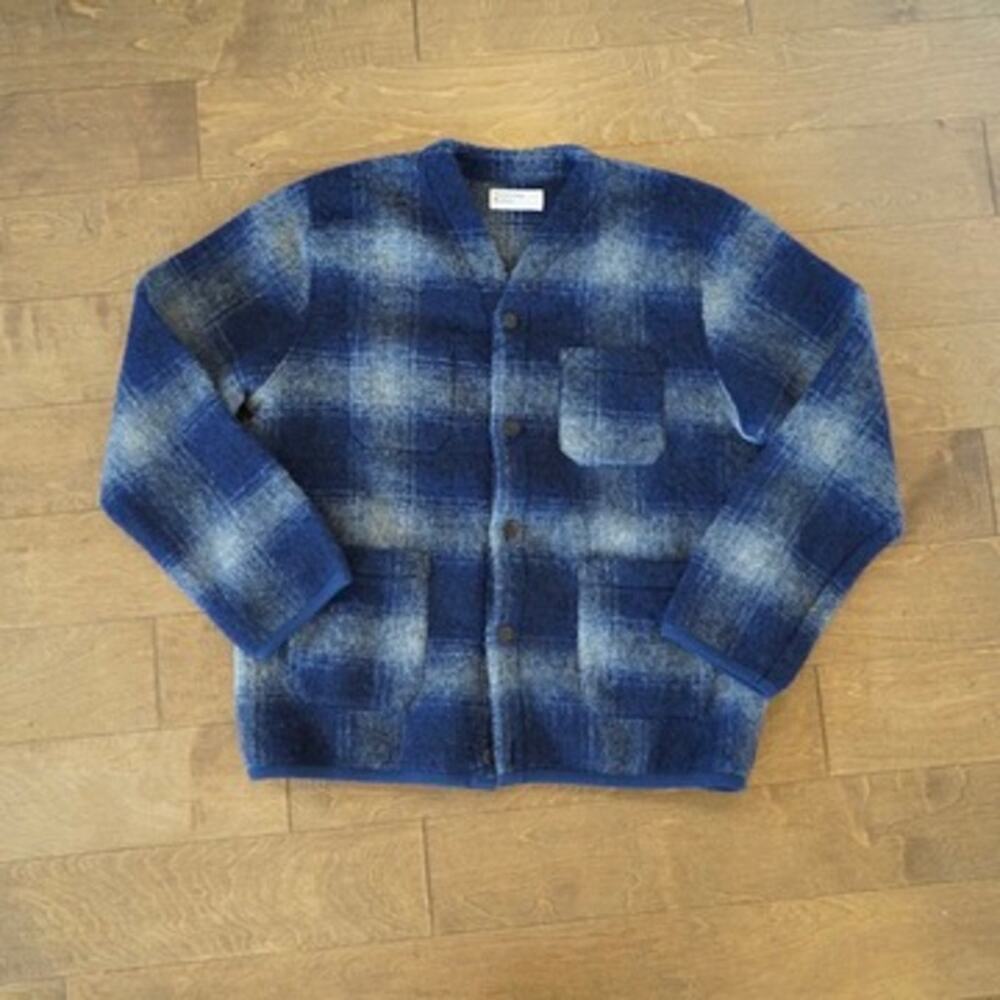 Universal Works Fresno Fleece Cardigan Plaid Wool Cardigan Jacket Navy SZ XXL